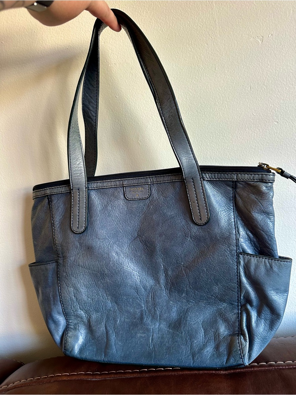 Fossil Leather Shoulder Tote Bag in Blue